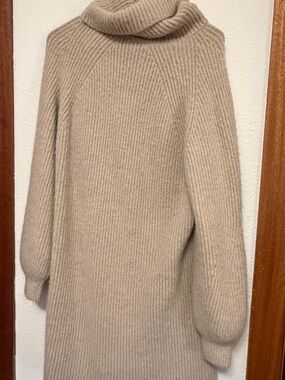 Cozy Turtleneck Rib-Knit Sweater Dress in Beige